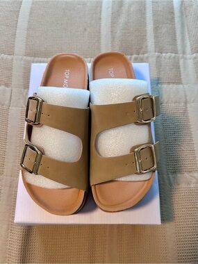 TOP Moda Double Buckle Slide Sandals in Tan with Gold Buckles